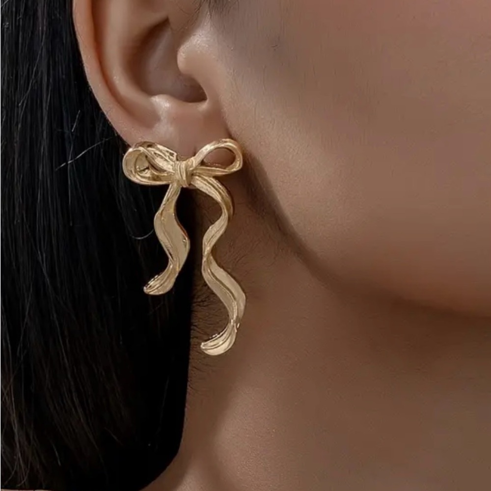 Gold Bow Ribbon Drop Earrings Statement Dangle Feminine Chic